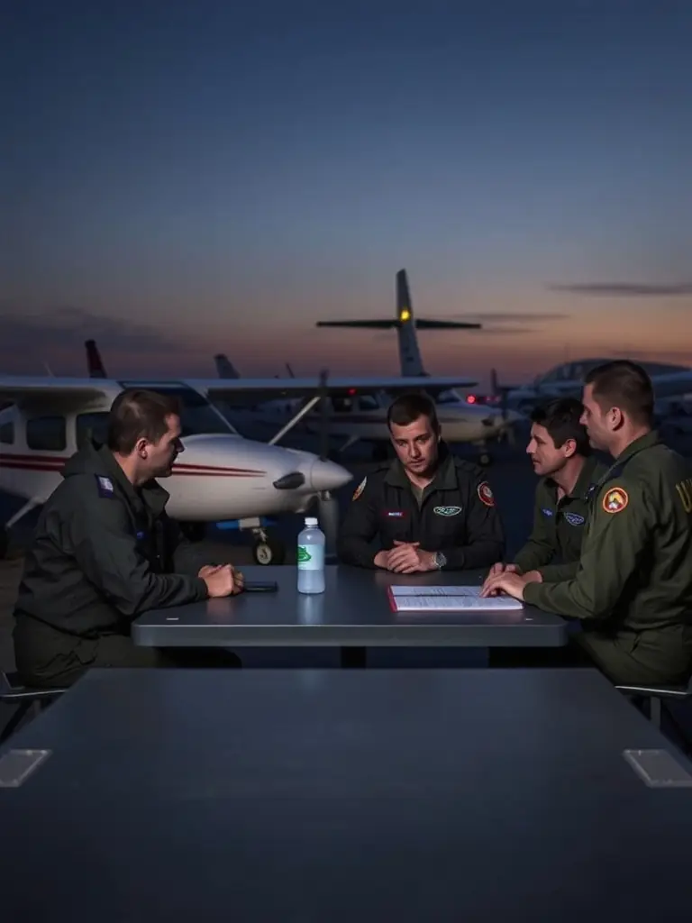 A group of pilots participating in a pre-flight briefing before a recreational flying activity, with various ULM aircraft visible in the background.