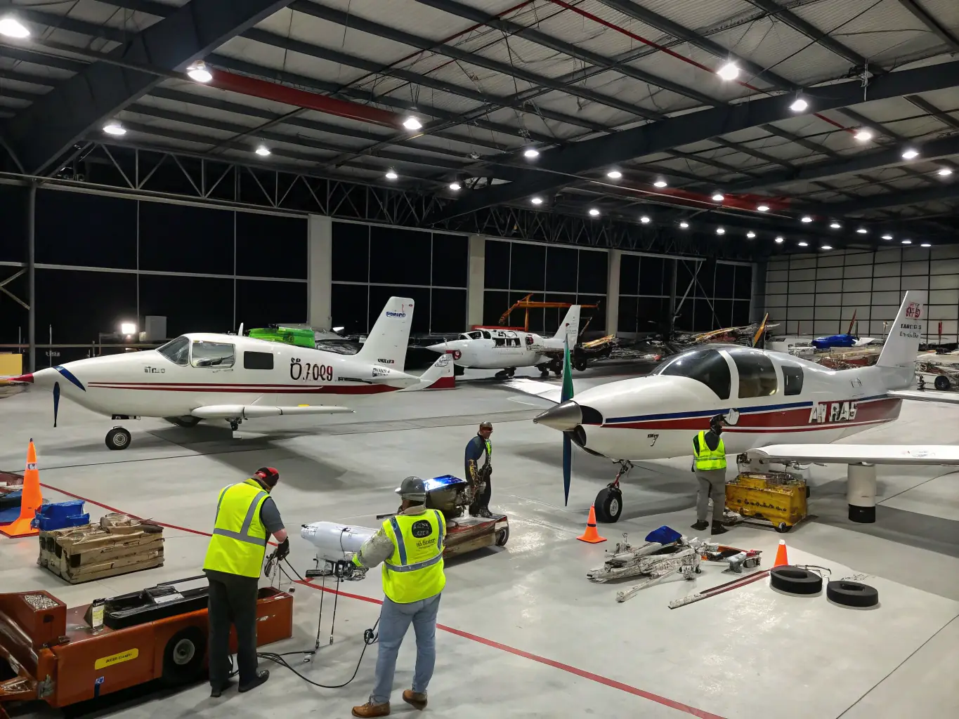 A well-equipped workshop at CD'ULM12, featuring various tools and equipment used for maintaining and repairing ultra-light aircraft, highlighting the resources available to members.