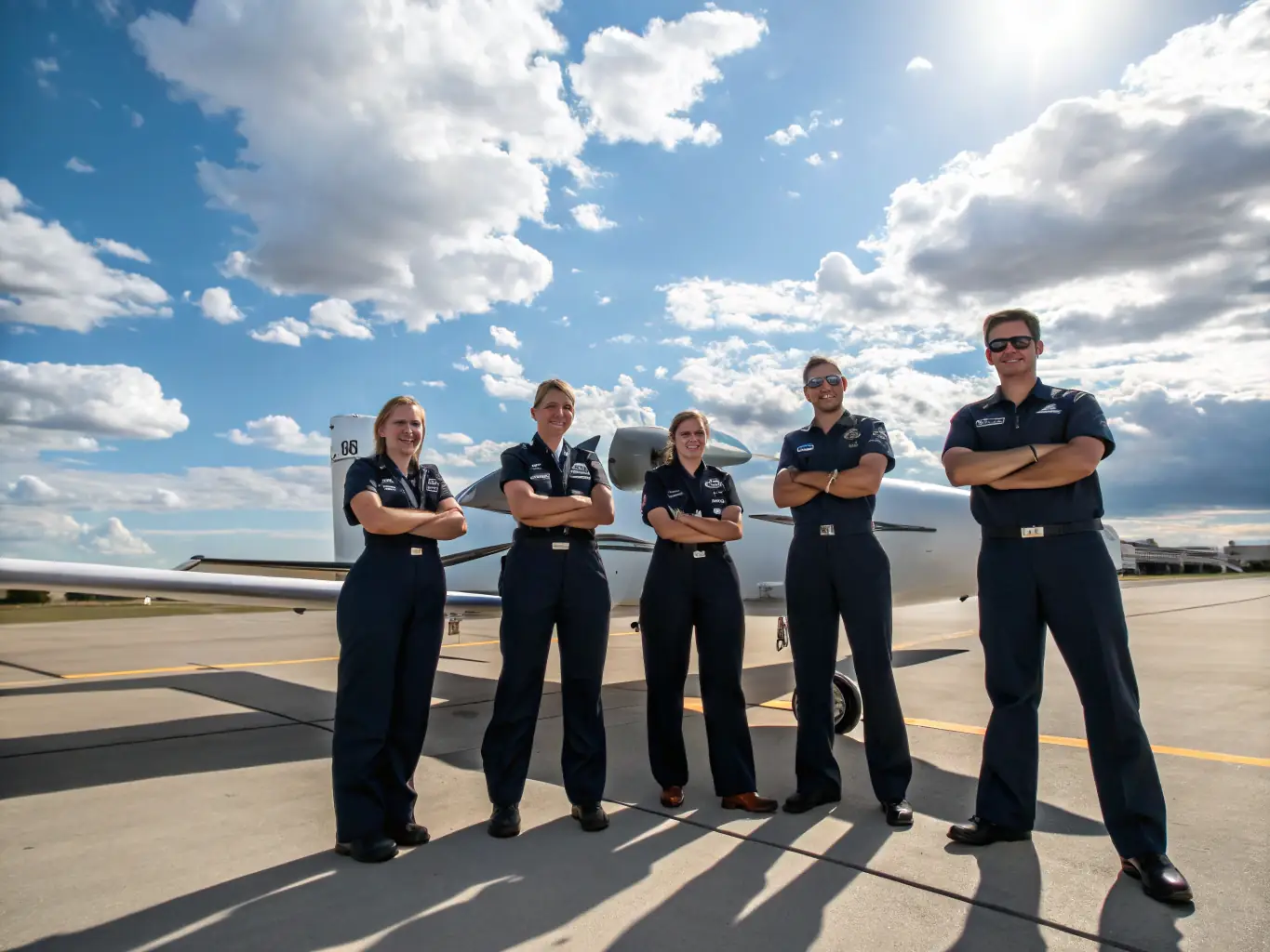 A group of ULM pilots participating in a pre-flight briefing at the AERODROME DU CAUCART, with several ultra-light aircraft visible in the background, preparing for a recreational flying session.