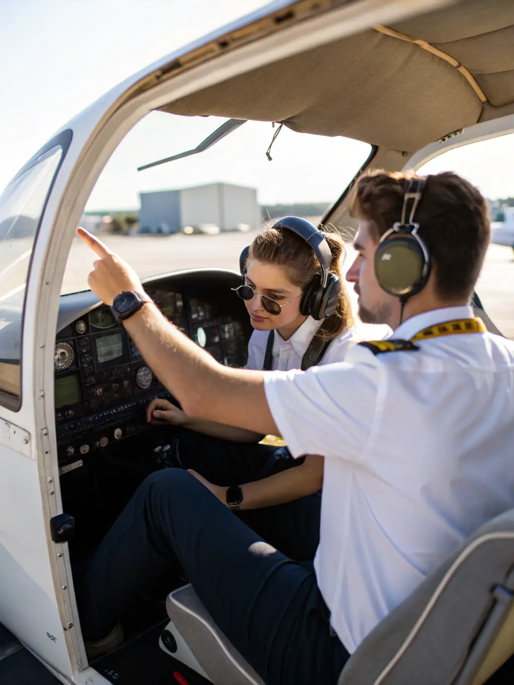 A student pilot in the cockpit of an ULM aircraft, receiving instruction from a certified flight instructor during a training session.