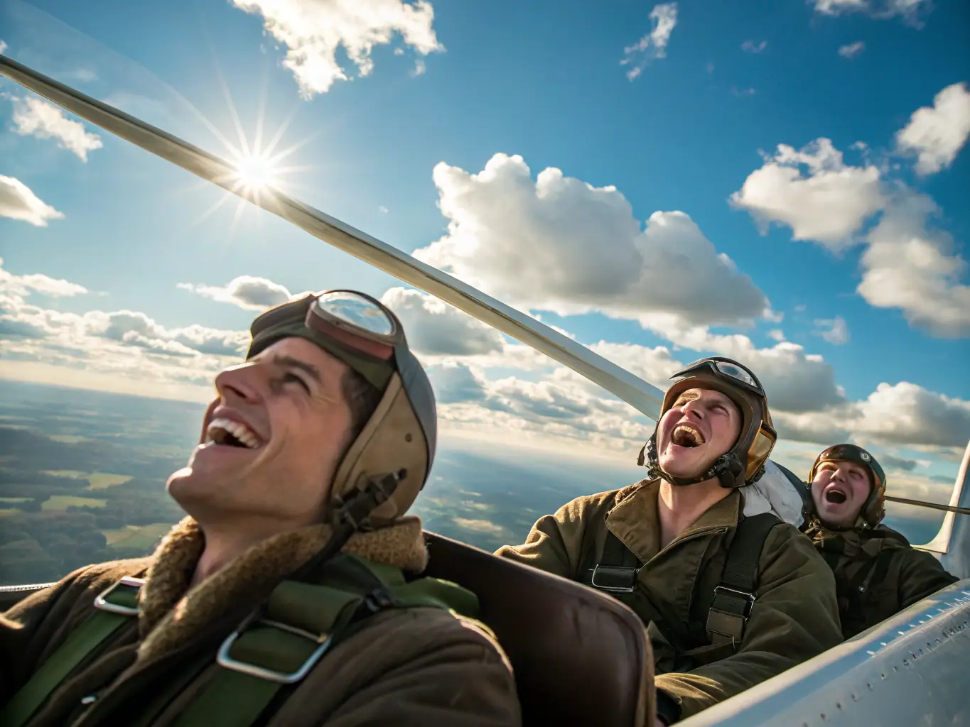 A dynamic shot of several ULM aircraft competing in a friendly competition, soaring through the sky above the Aveyron landscape, showcasing the skill and precision of the pilots.