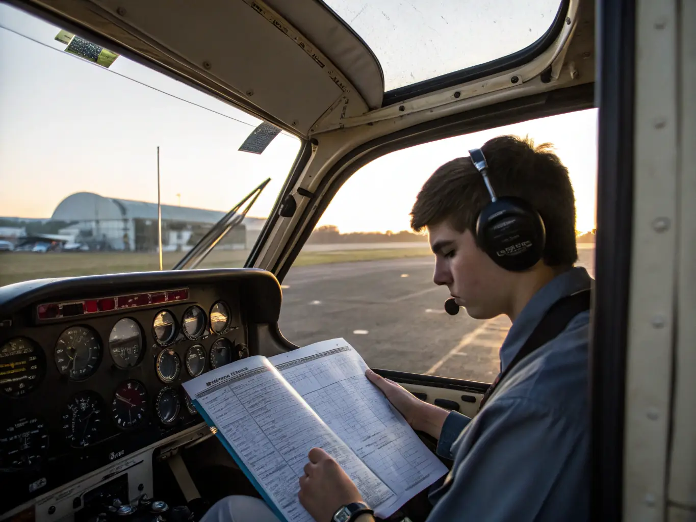 A student pilot in the cockpit of an ultra-light aircraft, receiving instruction from a certified trainer at the AERODROME DU CAUCART, emphasizing the hands-on learning experience.